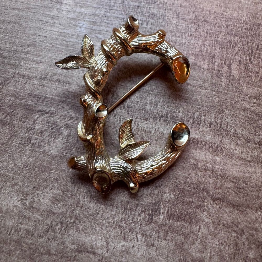 Sarah Coventry Initial Letter C Pin Bamboo Stick Brooch Jewelry Gold Tone Classy